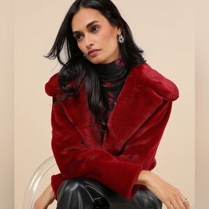 Lulu’s Cuddly Sensation Wine Red Faux Fur Cropped Jacket NWTs size M